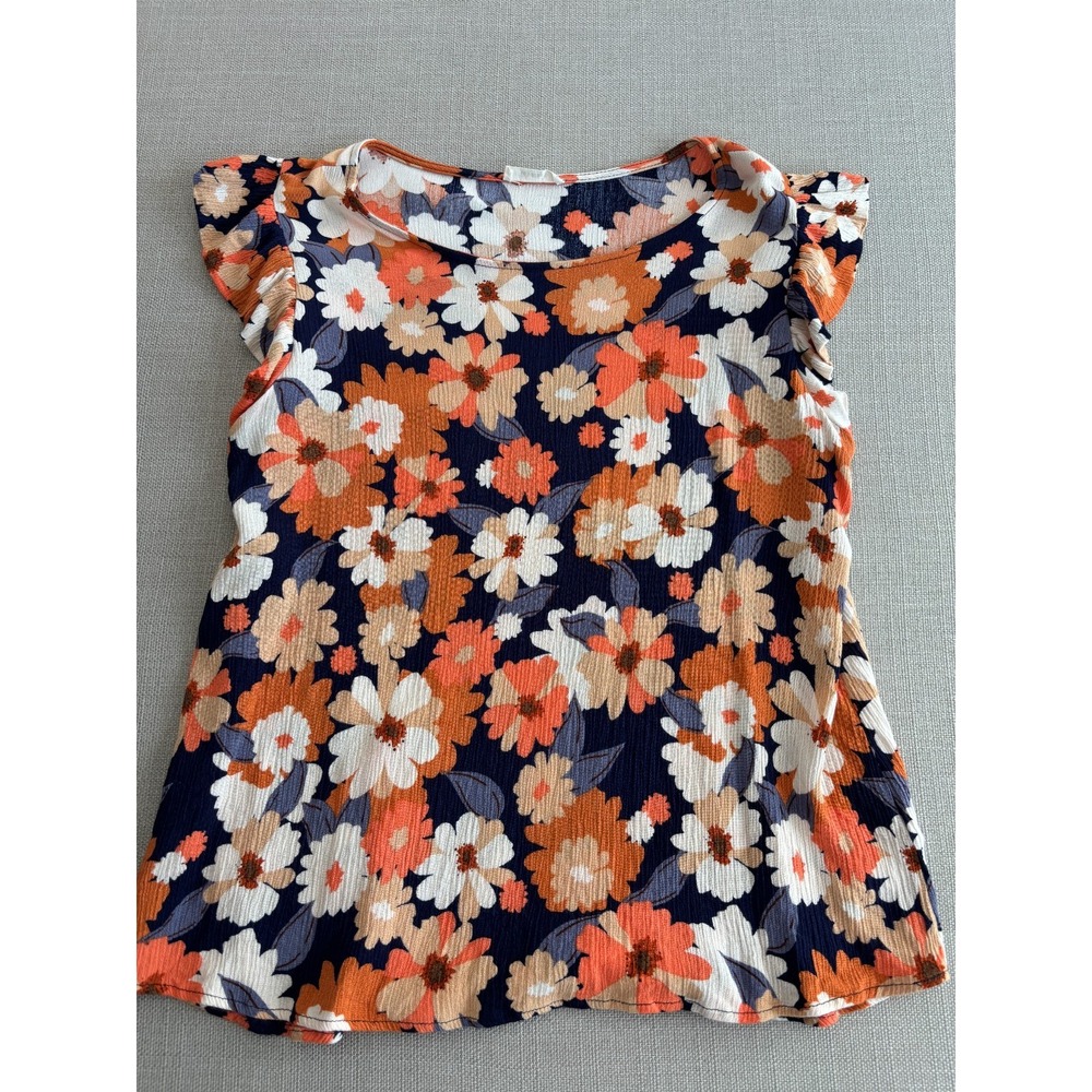 Les Amis Women's Orange Blue Floral Ruffle Sleeve High Low Top Size L